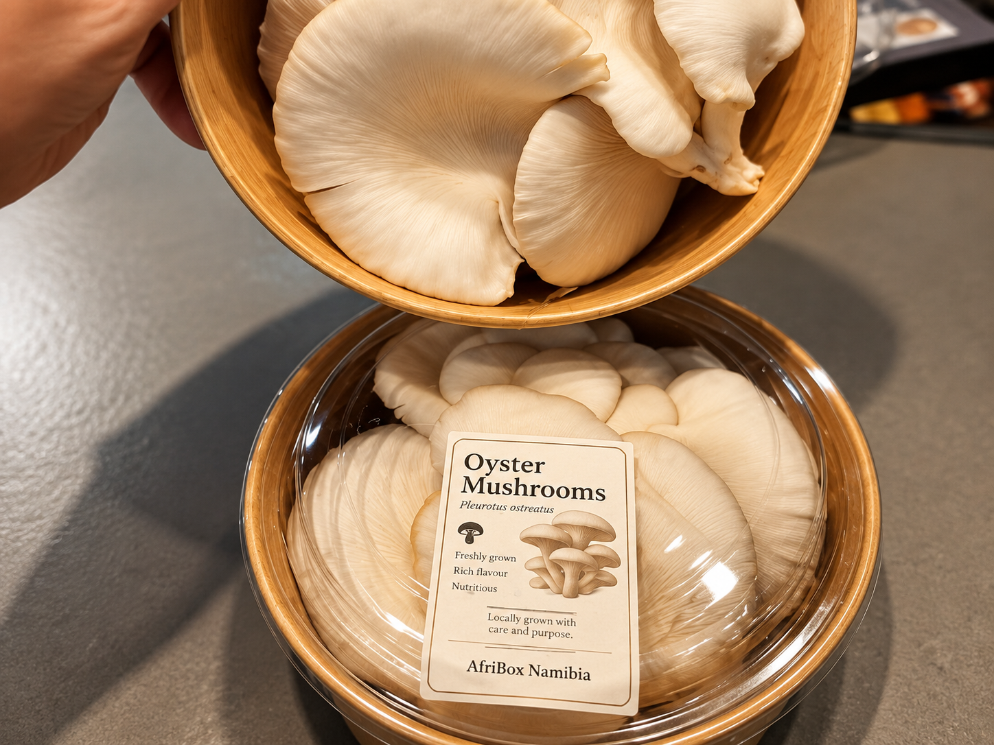 Fresh oyster mushrooms packaged by AfriBox